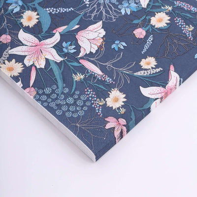 Floral patterned notebook with pink lilies and blue accents on a navy background.