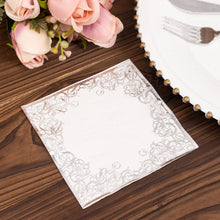 20 Pack White Soft Paper Beverage Napkins with Silver Foil Lace Design, 3 Ply European Style Wedding