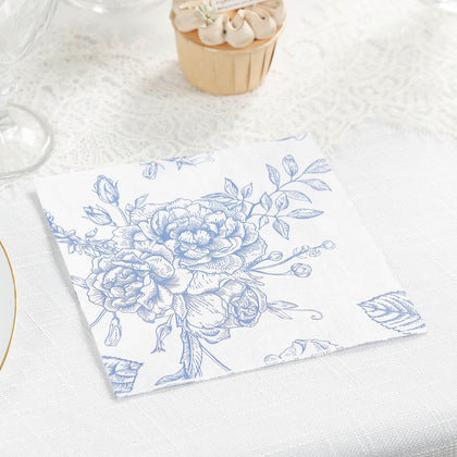 50 Pack 2-Ply Paper Cocktail Napkins in Matte Blue and White French Toile Floral Pattern, Highly Absorbent Soft Disposable Beverage Napkins