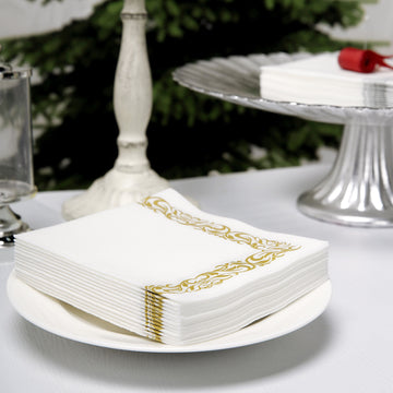 White Soft Linen-Like Airlaid Paper Cocktail Napkins with Gold Scroll Floral Design 10"x10"