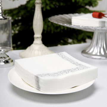 White Soft Linen-Like Airlaid Paper Cocktail Napkins with Silver Scroll Floral Design