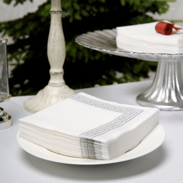 White Soft Linen-Like Airlaid Paper Cocktail Napkins With Silver Greek Key Design