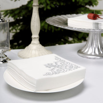 White Soft Linen-Like Airlaid Paper Cocktail Napkins With Silver Fleur Vintage Design 10"x10"