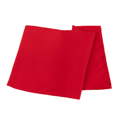 Red cloth napkin folded neatly on a plain background.