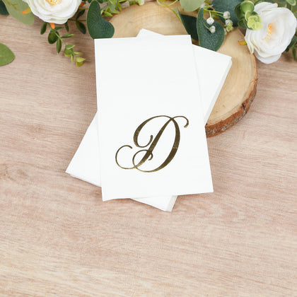 100-Pack Paper Dinner Napkins White with Gold Foil Monogram "D" – 8"x4" Folded, Disposable Party Napkins