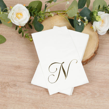 100-Pack Paper Dinner Napkins White with Gold Foil Monogram "N" – 8"x4" Folded, Disposable Party Napkins