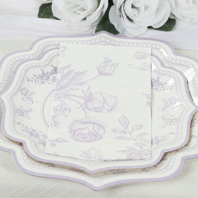 Elegant floral paper plates in lavender and cream, styled with roses.