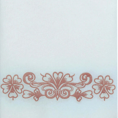 Embroidered floral design on a light fabric background.