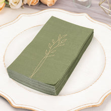 50 Pack Olive Green Soft Paper Dinner Napkins with Gold Embossed Leaf, 2 Ply Wedding Party Napkins