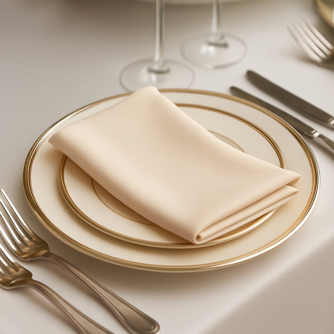 Elegant cream napkin on an ornate dinner plate setting.