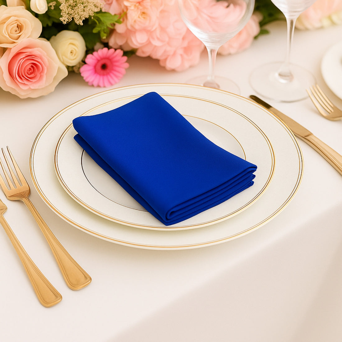Blue napkin neatly folded on elegant dinner plate with gold trim.