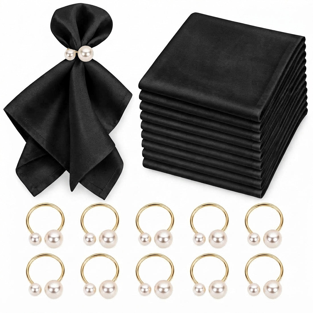 Set of 10 Polyester Napkins with White Pearl & Gold Metal Napkin Rings