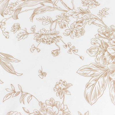 Elegant floral line art pattern on white fabric with gold botanical details#whtbkgd