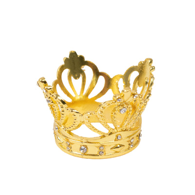 Gold decorative crown with intricate design and rhinestone accents