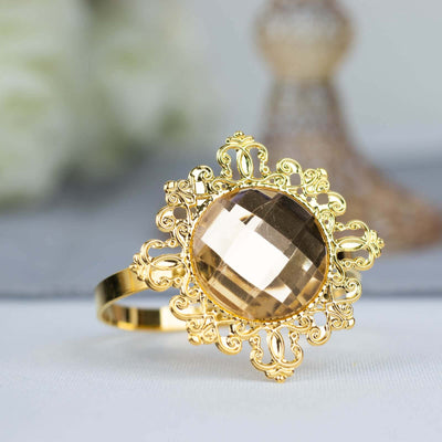 Gold ornate ring with large faceted gemstone.