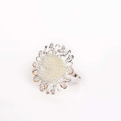 Silver floral ring with intricate design and sparkling accents
