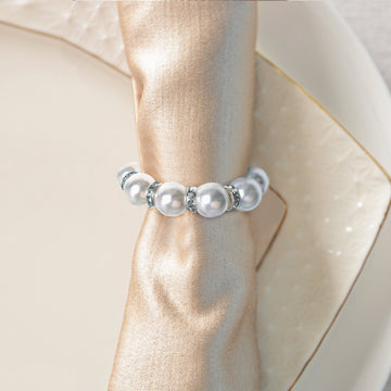 Enhance Your Table Setting with White Pearl Beads and Silver Rhinestone Napkin Rings
