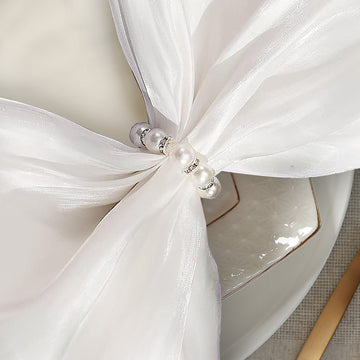 Elegant White Pearl Beads and Silver Rhinestone Napkin Rings