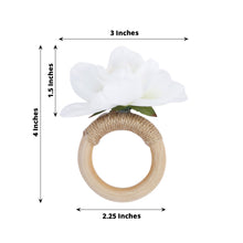 4 Pack White Artificial Flower Napkin Rings with Wooden Holder, Rustic Boho Serviette Buckles with