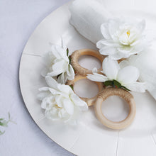 4 Pack White Artificial Flower Napkin Rings with Wooden Holder, Rustic Boho Serviette Buckles with
