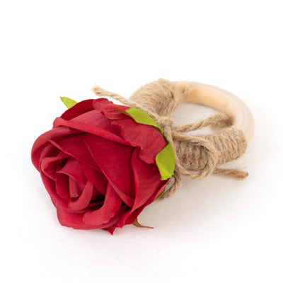 Red rose teether toy with wooden ring and jute twine