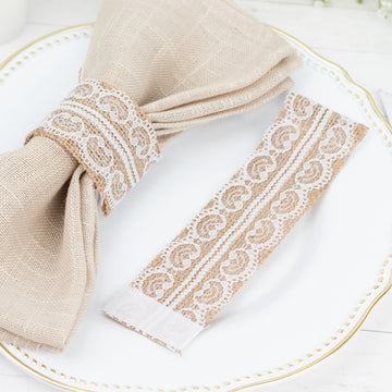 Rustic Farmhouse Style Jute and Lace Napkin Rings - Set of 6