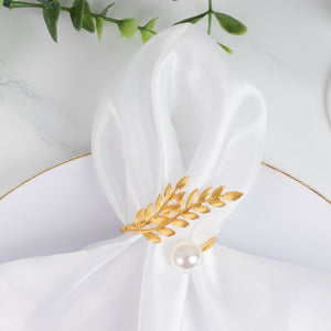 10 Pack Gold Leaf Napkin Rings with White Pearl Accent – Metal Wheat Leaf Napkin Holders for Wedding