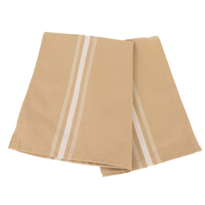 Tan cotton napkins with white stripes, folded neatly.