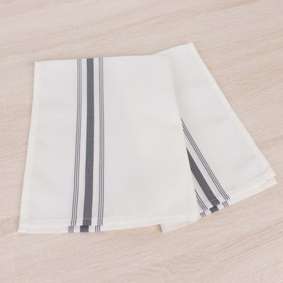 Cotton kitchen towels with gray stripes on a white background