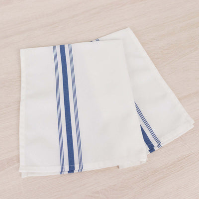 White napkins with blue stripes, neatly folded.