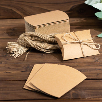 50 Pack | 4.5"x3.5" Natural Brown Paper Rustic Party Gift Boxes With Jute Rope Tie, Wedding Favor Pillow Box Set