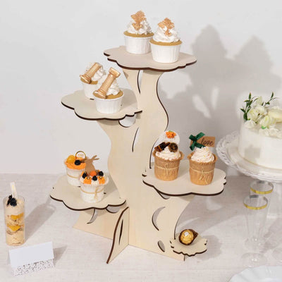 Wooden cupcake stand displaying assorted desserts and treats.