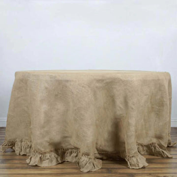 Natural Round Ruffled Burlap Rustic Seamless Tablecloth Jute Linen Table Decor 120