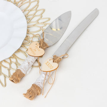 Natural Rustic Jute Lace Wedding Cake Knife Server Gift Set, Stainless Steel Souvenir Server Set Pre-Packed with White Gift Box and Heart Tags