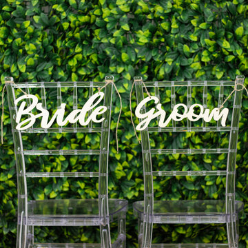 Natural Wood Bride and Groom Chair Signs for Elegant Wedding Decor