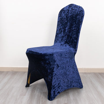 Navy Blue Crushed Velvet Spandex Stretch Banquet Chair Cover With Foot Pockets, Fitted Wedding Chair Cover 190 GSM