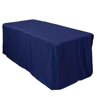 Navy blue tablecloth draped over a rectangular table