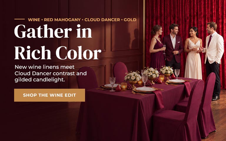 Elevate your table with rich wine linens, deep red-mahogany accents, and soft Cloud Dancer neutra...