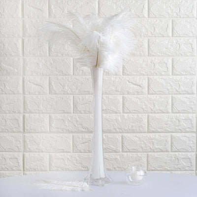 White feather arrangement in a tall glass vase on a textured background.