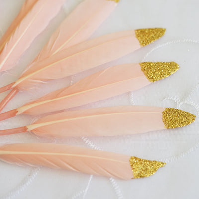 Pink feathers with gold glitter tips arranged in a row.