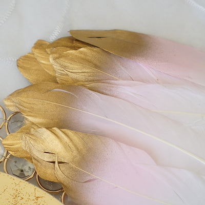 Gold and pink decorative feathers arranged on a light background.