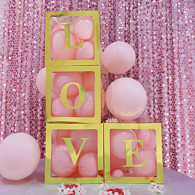 Gold "LOVE" blocks with pink balloons, set against a glittery pink backdrop.