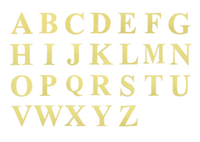 Gold uppercase alphabet letters set on a white background.