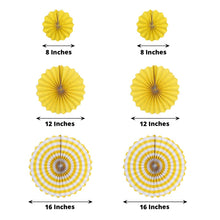 A chart showing different sizes of yellow paper fans with balloon & décor garlands