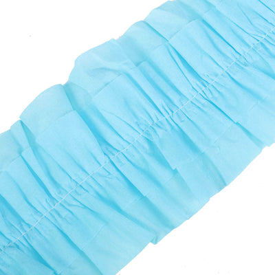 Light blue ruffled fabric trim on white background