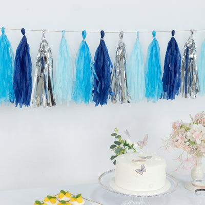 Blue and silver tassel garland decoration for parties and celebrations.