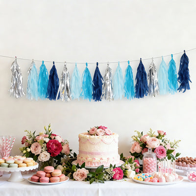 16 Pack Pre-Tied Foil Tassel Garland Party Decoration – Blue & Silver Paper Tassels with 10ft Hanging String