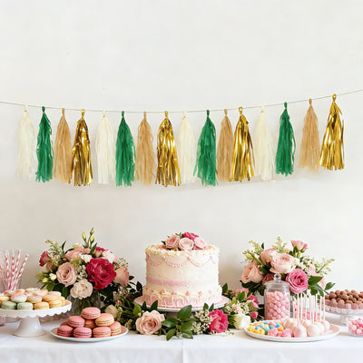 16 Pack Pre-Tied Foil Tassel Garland Party Decoration – Gold & Green Paper Tassels with 10ft Hanging String