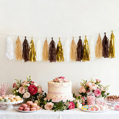 16 Pack Pre-Tied Foil Tassel Garland Party Decoration – Natural & Gold Paper Tassels with 10ft Hanging String
