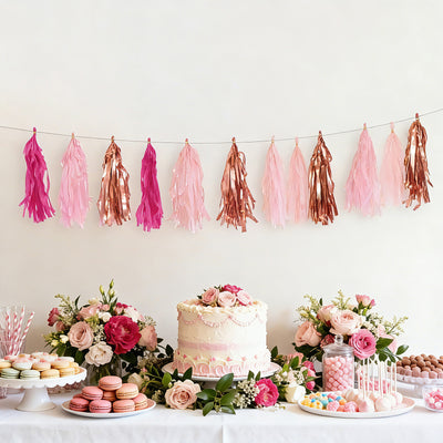 16 Pack Pre-Tied Foil Tassel Garland Party Decoration – Pink & Rose Gold Paper Tassels with 10ft Hanging String